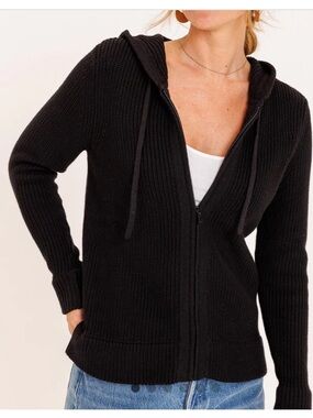 Pura Cashmere Fisherman Supima Cotton Black Hooded Zip Knit Sweater